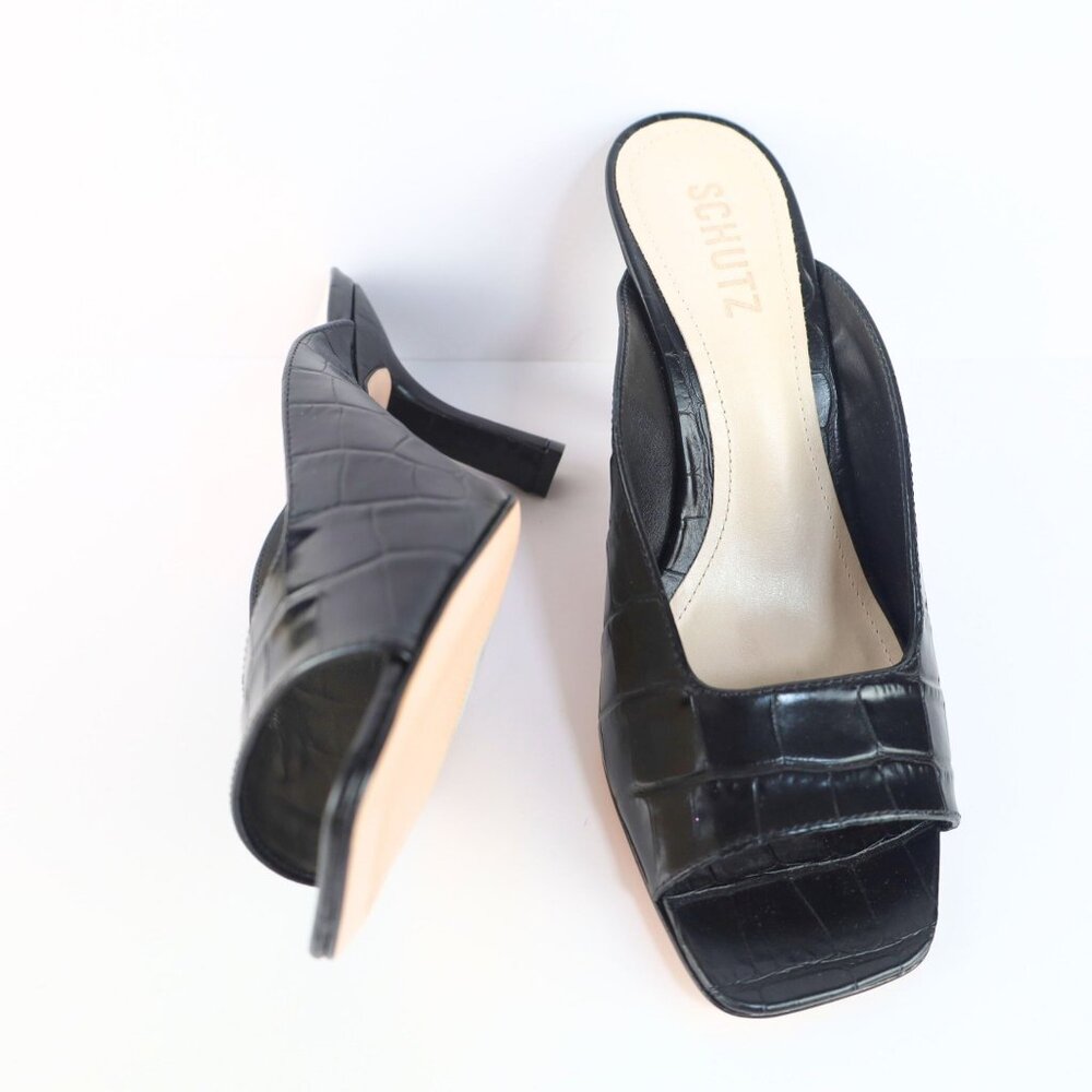 Schutz Womens Agape Croc Leather Slip On Heels Sandals Black 8 Medium- 0141 - Picture 3 of 14